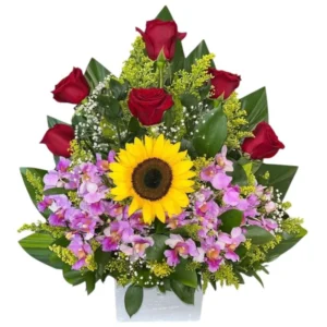 flores en cali: arreglo floral con orquideas y girasol ref 5