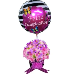 flores en cali: cilindro de 50 rosas con orquideas + globo ref 15