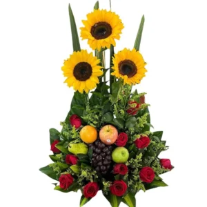 arreglo frutal con rosas y girasoles ref 49