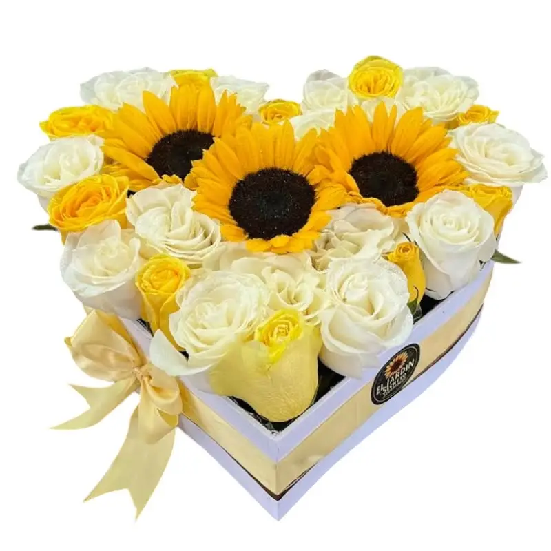 Arreglo en forma de corazón con girasoles y rosas amarillas a domicilio en Cali.