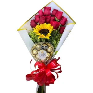 bouquet de rosas, girasoles y ferrero rocher