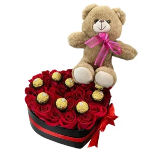 Corazon de Rosas con Ferreros Rocher + Peluche ref 104