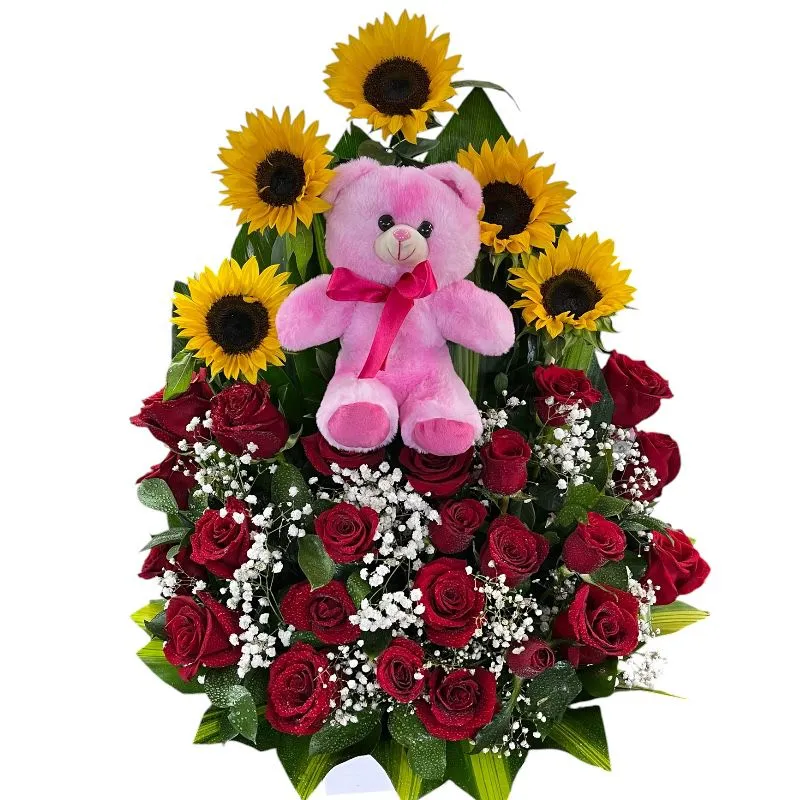 Arreglo de Rosas y Girasoles con oso de peluche ref 115