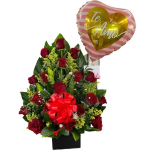 Arreglo Floral de Rosas con Moño y Globo Metalizado ref 134