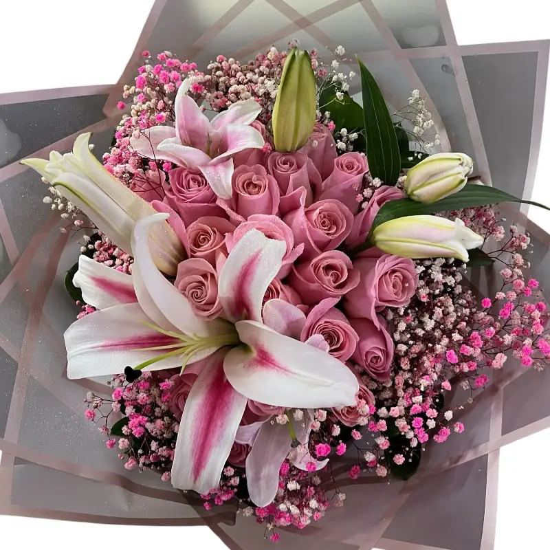 Flores en Cali: Bouquet con Rosas Rosadas y Lirios con Perla ref 189