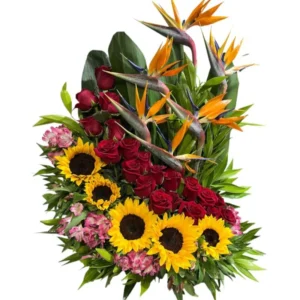 Arreglo floral de cumpleaños con rosas frescas y girasoles radiantes a domicilio en Cali